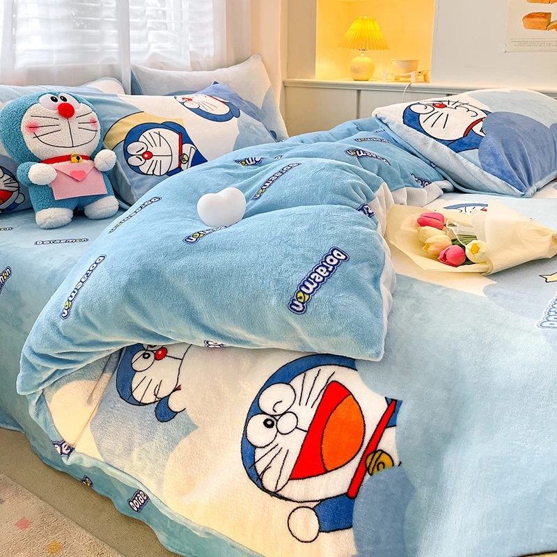 哆啦A梦卡通牛奶绒床上四件套儿童法兰珊瑚绒被套加绒床单三件套4