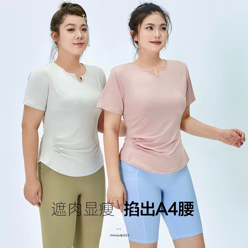 尘曲大码胖mm新款大码显瘦健身服短袖运动速干衣正肩t恤女跑步