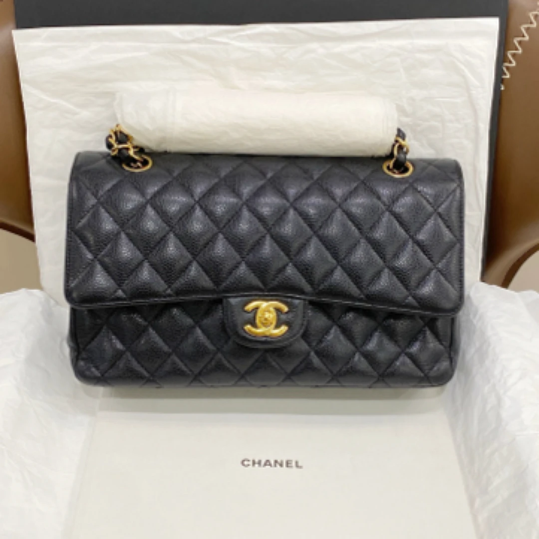 95新 Chanel/香奈儿 cf中号黑金荔枝皮女士单肩斜挎包17开