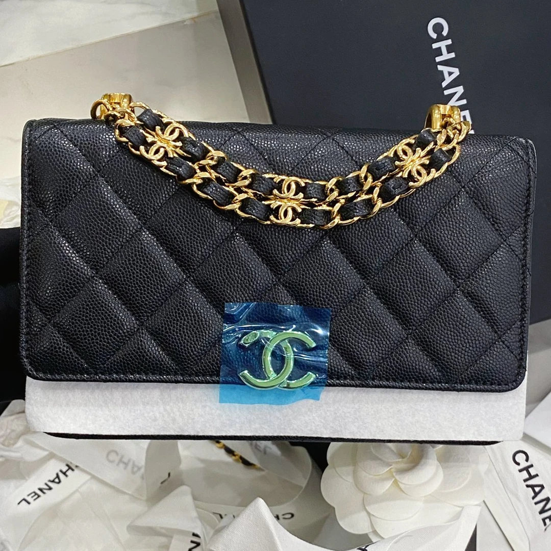 99新 奢铭荟 Chanel 香奈儿22K黑金荔枝皮链条手柄woc包