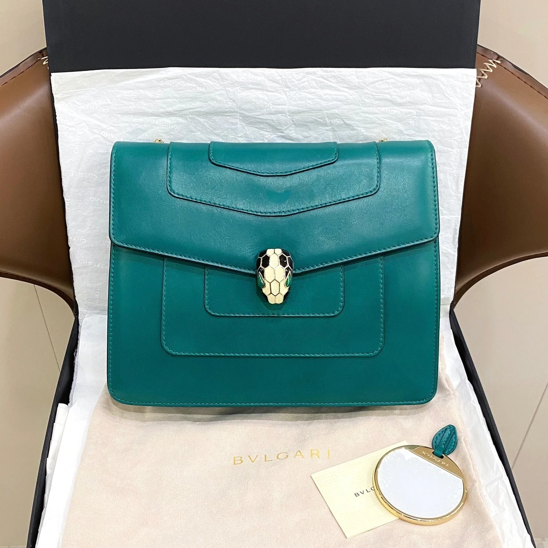 95新 BVLGARI/宝格丽 经典蛇头包绿色风琴斜挎包