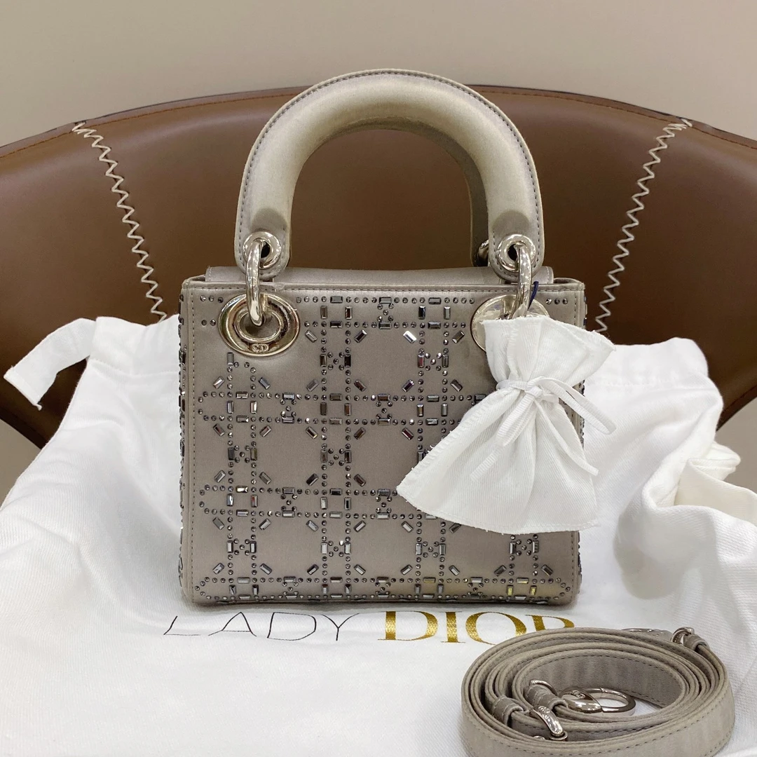 95新 DIOR/迪奥 灰色银扣三格绸缎戴妃包女士斜挎包
