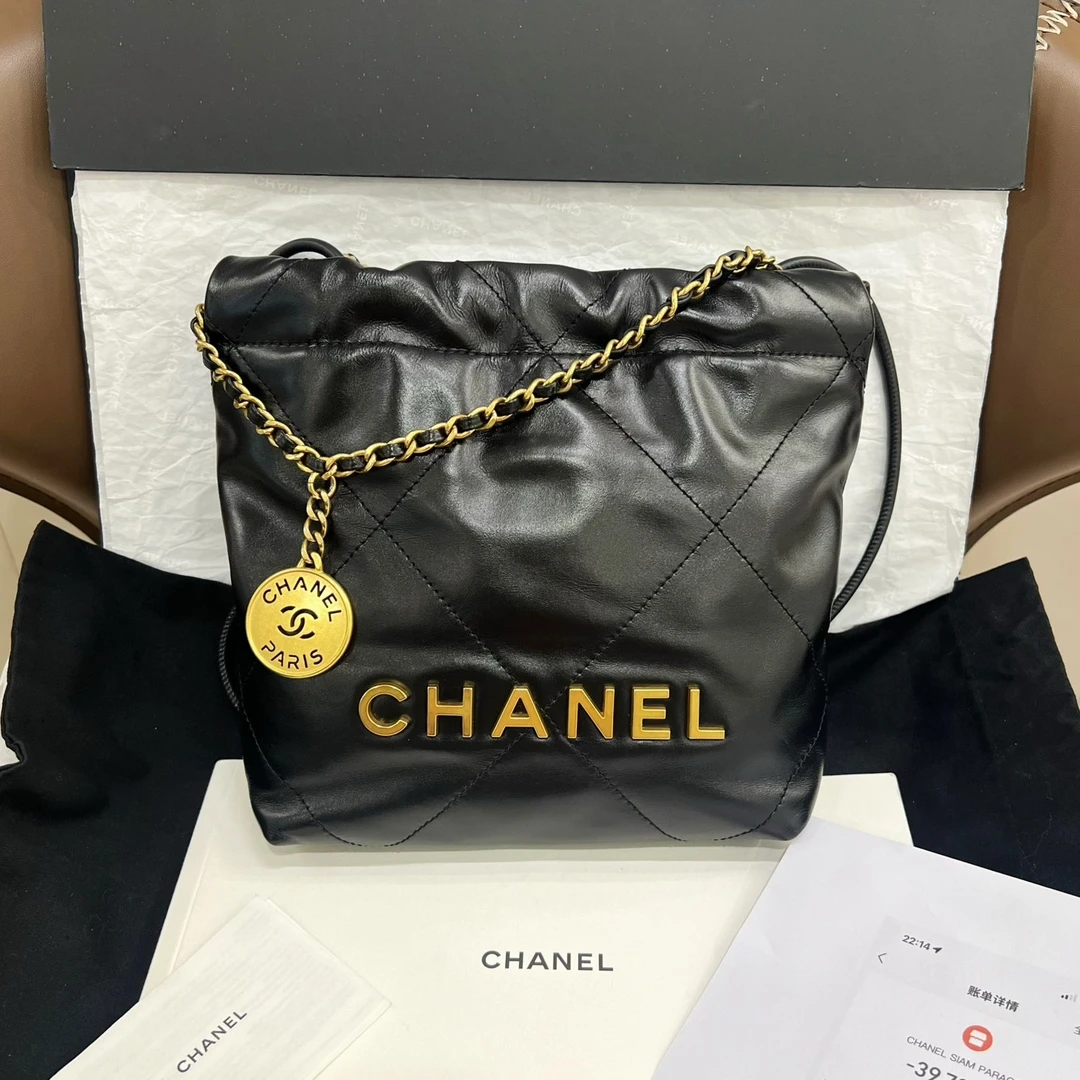 95新 Chanel/香奈儿 22bag mini黑金垃圾袋女士斜挎包