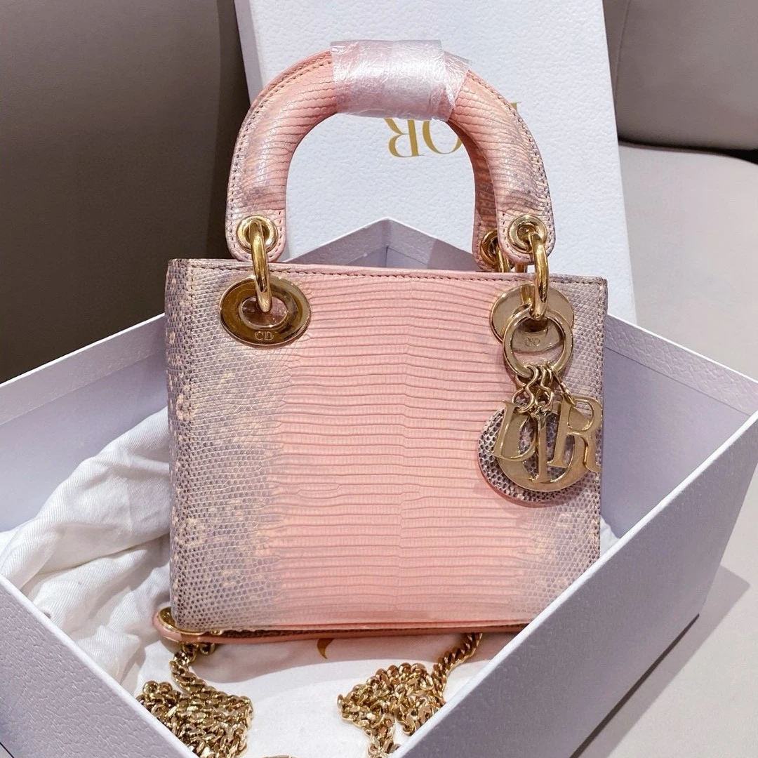 99新 DIOR/迪奥 lady3格戴妃粉喜马拉雅手提斜挎包/7JJ35988