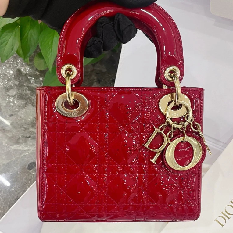 95新 DIOR/迪奥 Dior 迪奥红金漆皮三格戴妃包女士手提斜挎包