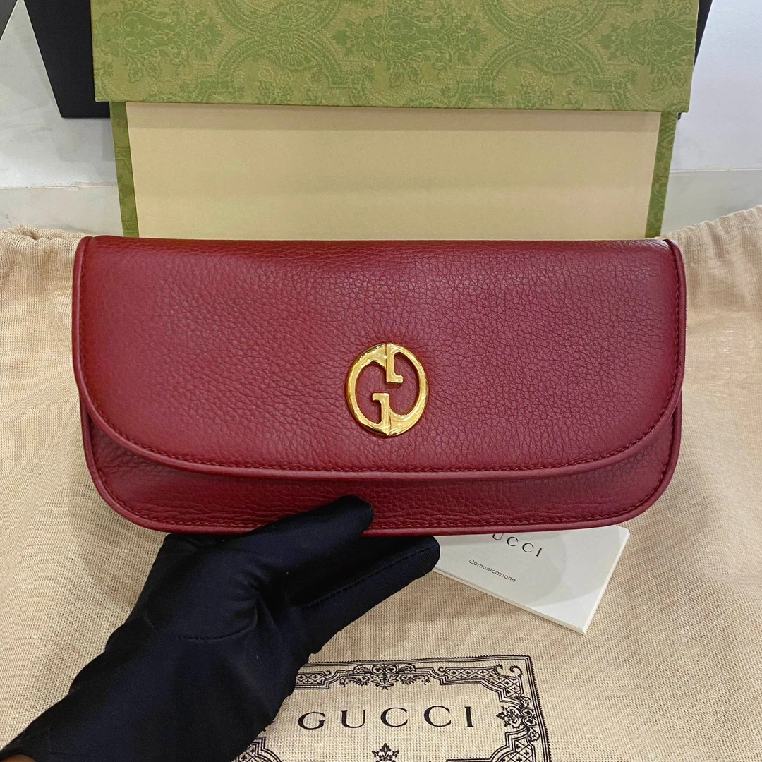 95新 奢铭荟 gucci 古驰红色金扣牛皮长款钱包