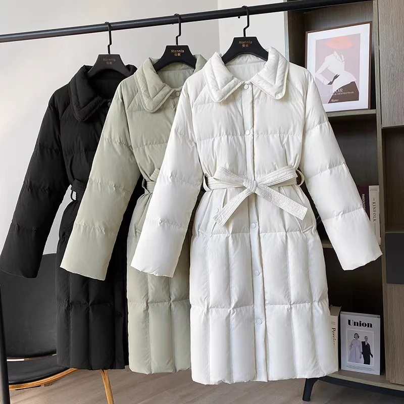 2025时尚收腰显瘦90白鸭绒中长款女士过膝羽绒服女冬季羽绒外套
