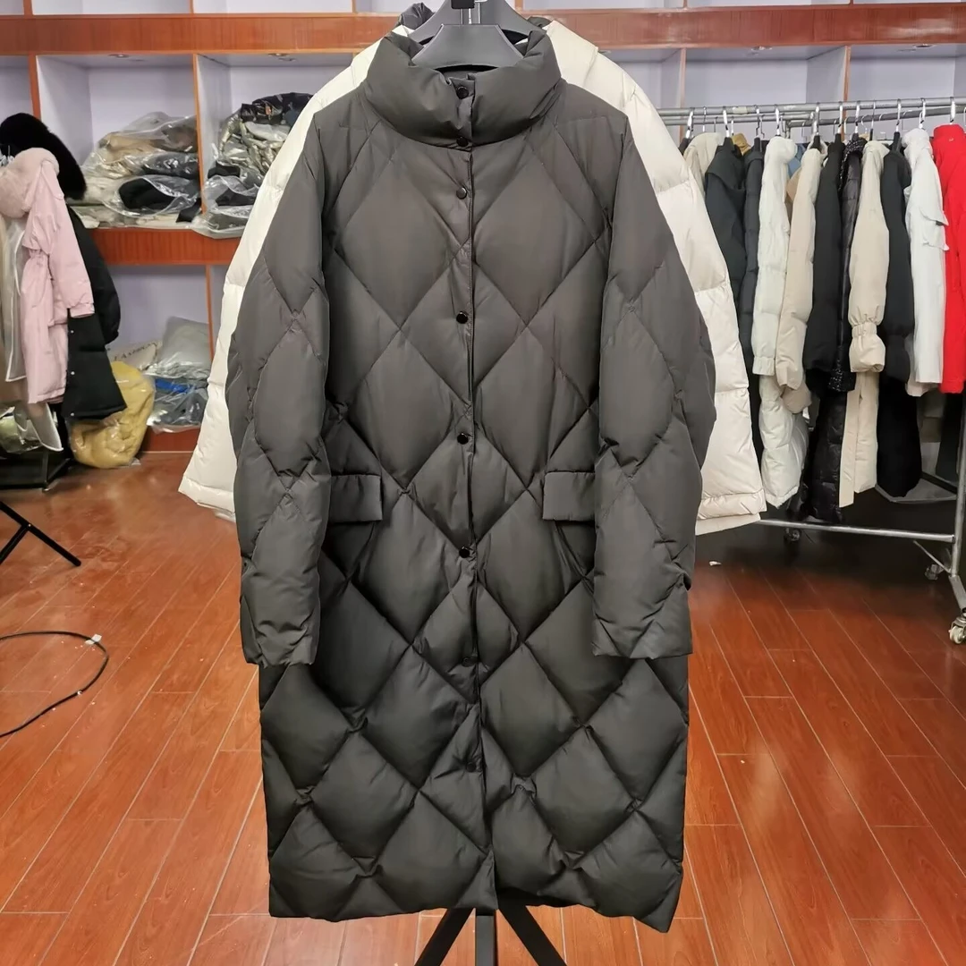 撤柜显瘦90白鸭绒羽绒服冬季保暖时尚收腰加厚菱形格宽松休闲女装