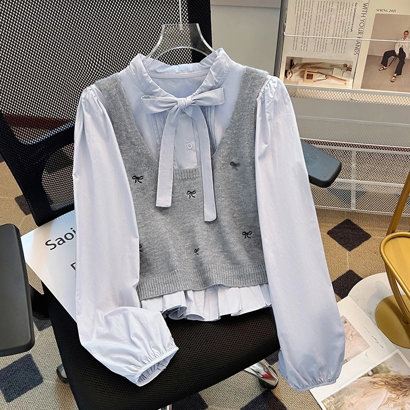 法式温柔风叠穿套装女秋季2024新款蝴蝶结衬衫针织背心两件套