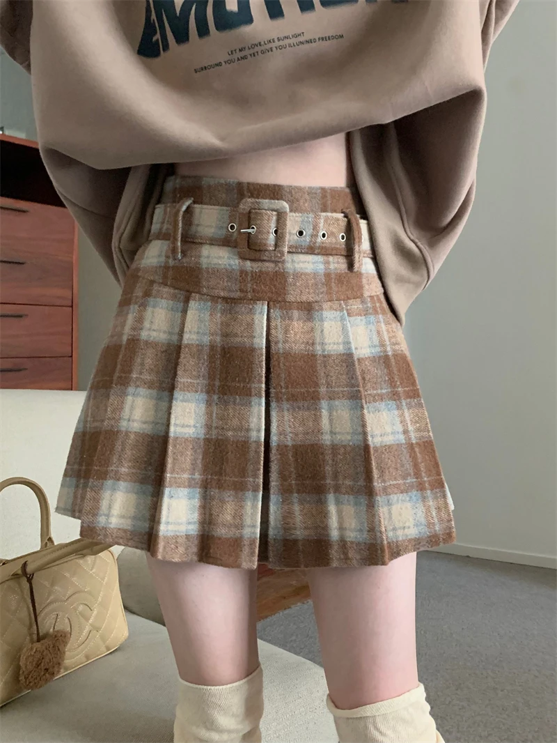 半身裙秋冬红格子毛呢高腰小个子a字百褶裙短裙配腰带格纹半身裙