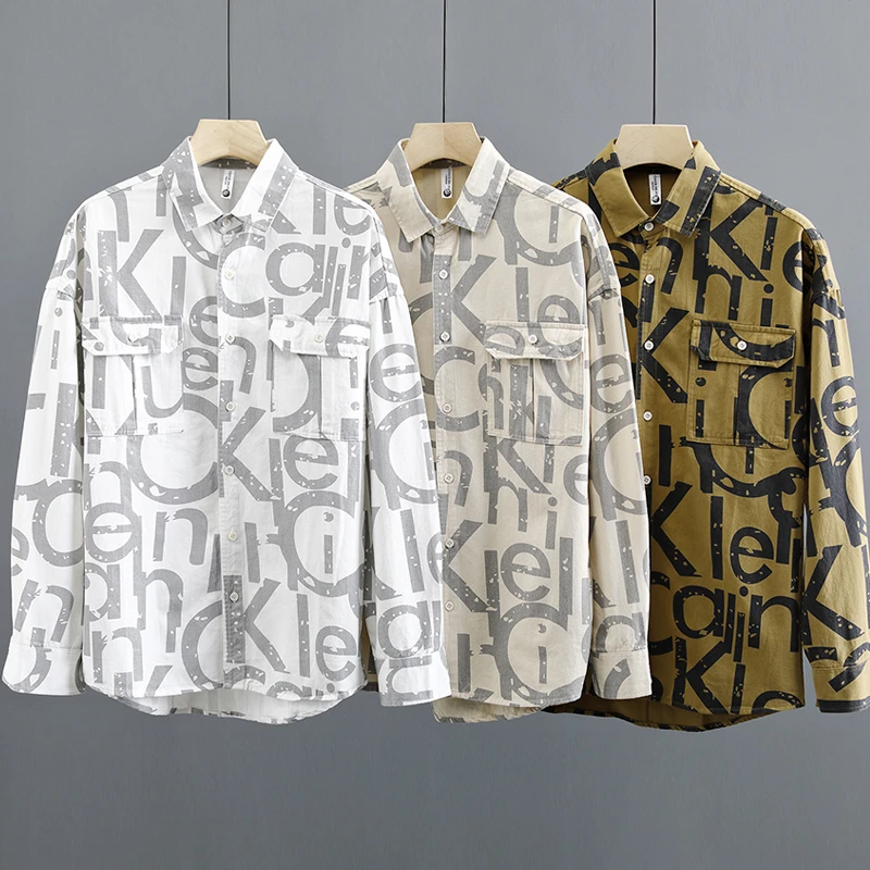 男士痞帅宽松衬衣帅气韩版长袖衬衫休闲印花时尚夹克外套上衣