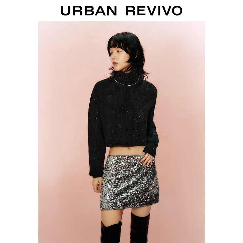 UR春季新款女装潮流休闲亮片坑条高领宽松针织衫UWV940018