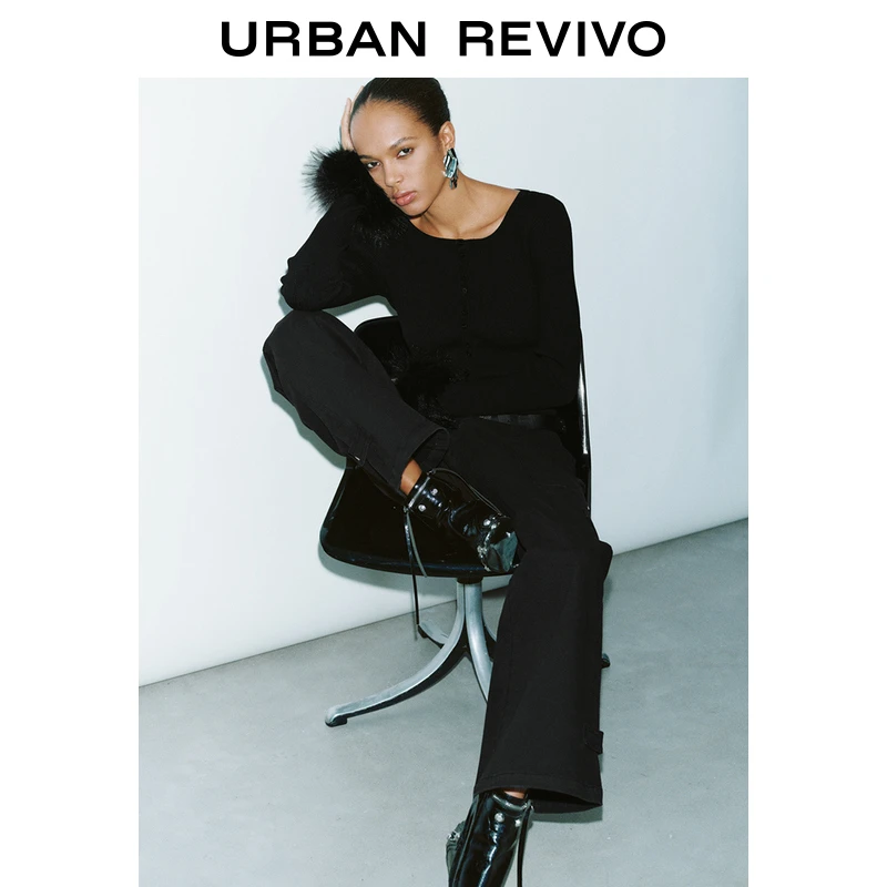 UR冬季新款女法式气质U领修身短款羽毛针织开衫UYV940024