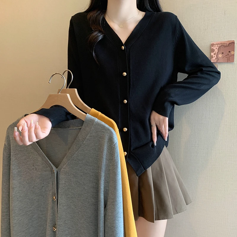 3329现货清仓大码女装2024秋冬新款V领显瘦开衫毛衣针织衫外套女