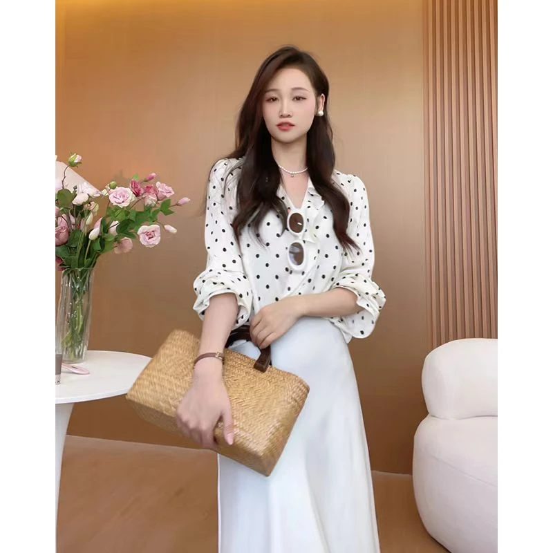 春夏波点碎花荷叶边领衬衫女韩版宽松显瘦气质减龄百搭气质款衬衫
