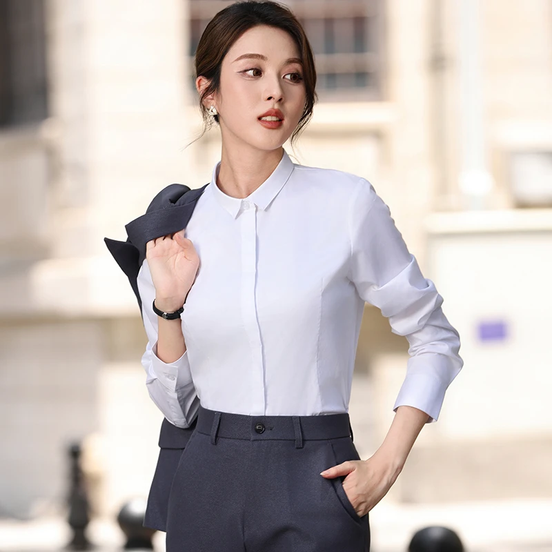 白衬衫女时尚小领面试正装工装工作服衬衣女夏季粉色长袖修身上衣