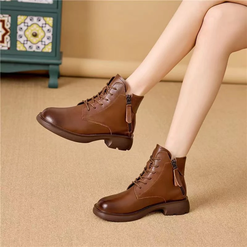 秋冬季靴子女双拉链软底软面马丁靴英伦风时尚百搭系带低帮短靴女