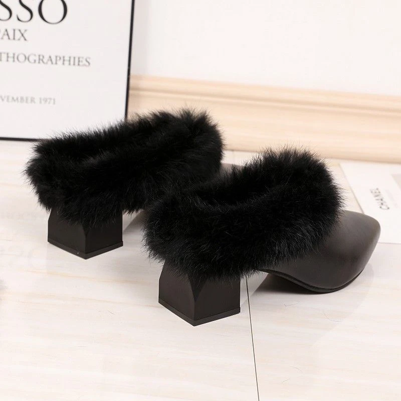 高颜值毛毛拖鞋女包头半拖外穿秋冬新款懒人鞋外出中跟穆勒鞋