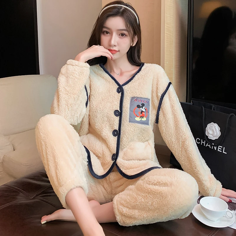 卡通珊瑚绒睡衣女士开衫秋冬季法兰绒宽松可爱家居服保暖套装A1
