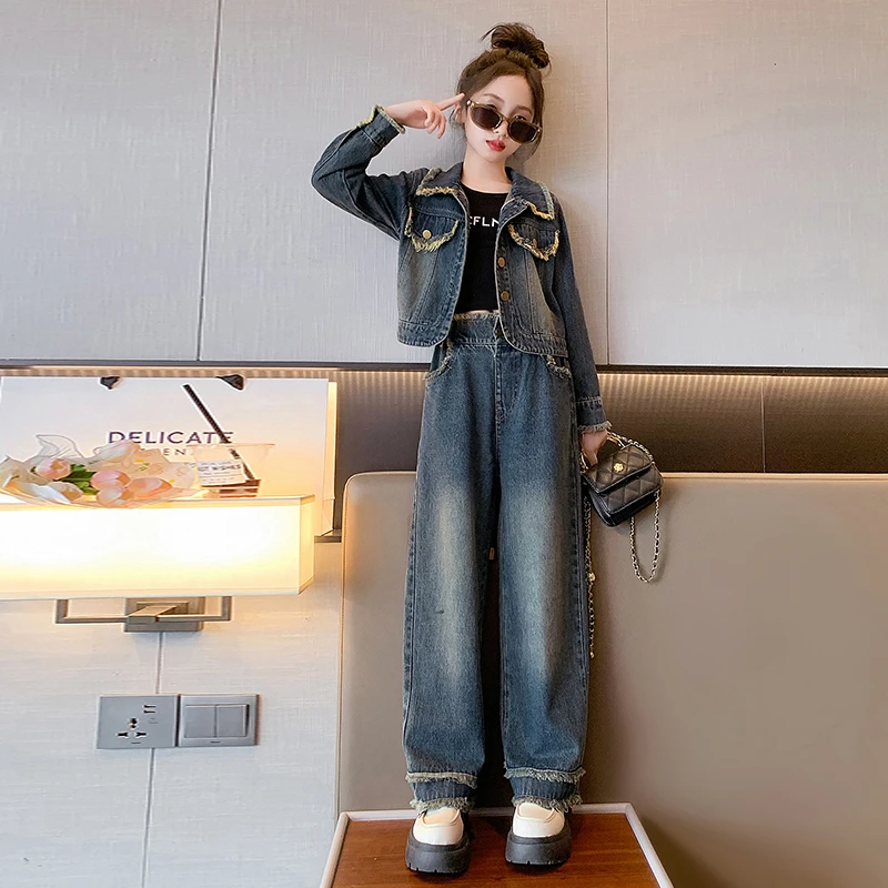 女童牛仔套装秋装2025新款大童洋气秋季时髦炸街复古儿童装两件套