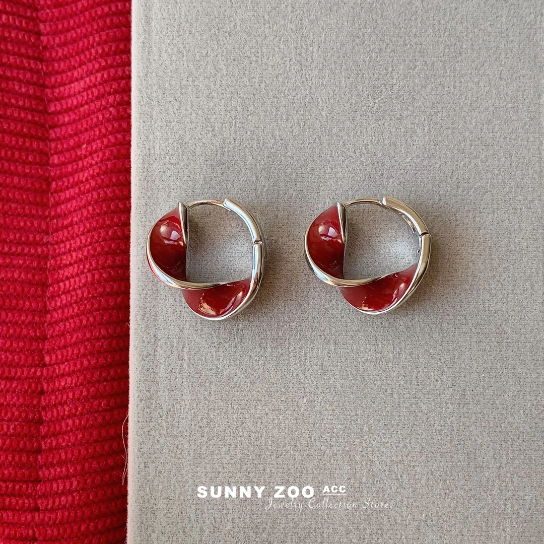 铜合金耳饰 红丝带 安克拉红滴釉几何耳扣复古百搭轻奢气质高级感