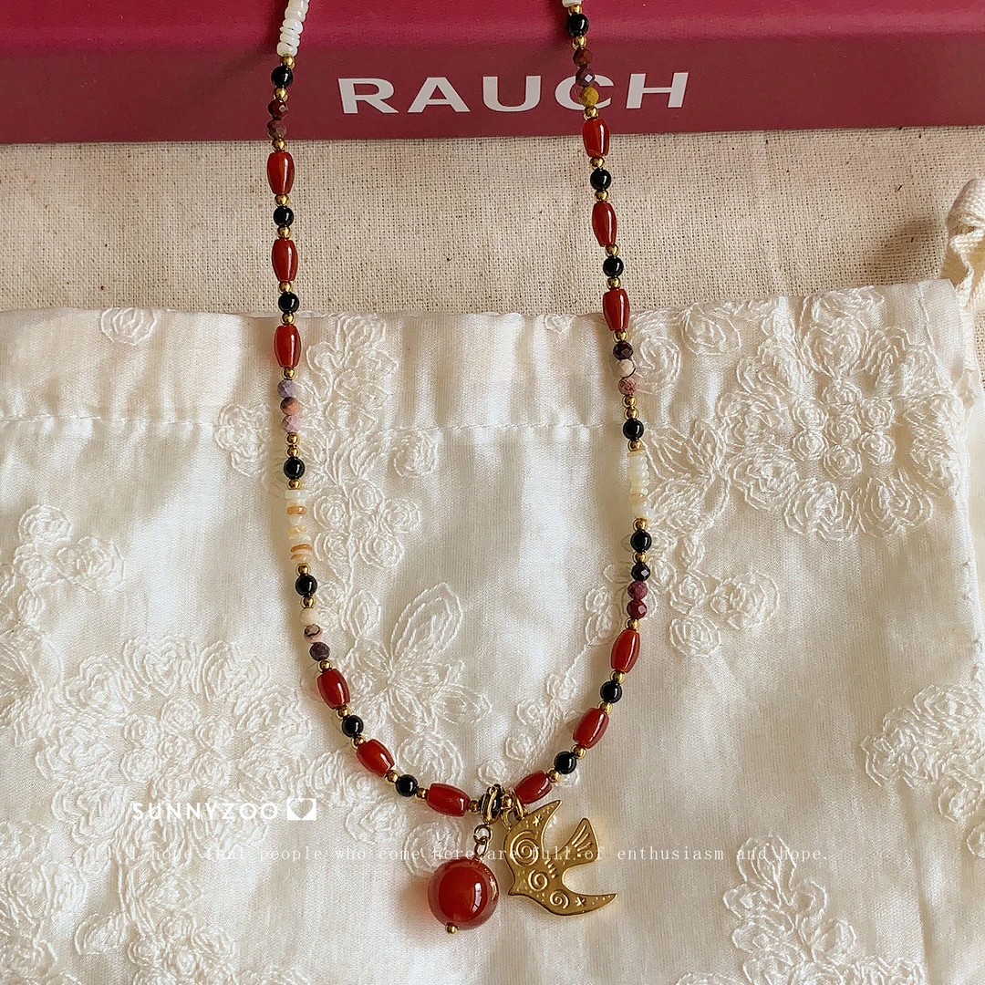 铜合金仿珍珠项链  燕归来 吴昕同款红艳火小鸟串珠新中式锁骨链