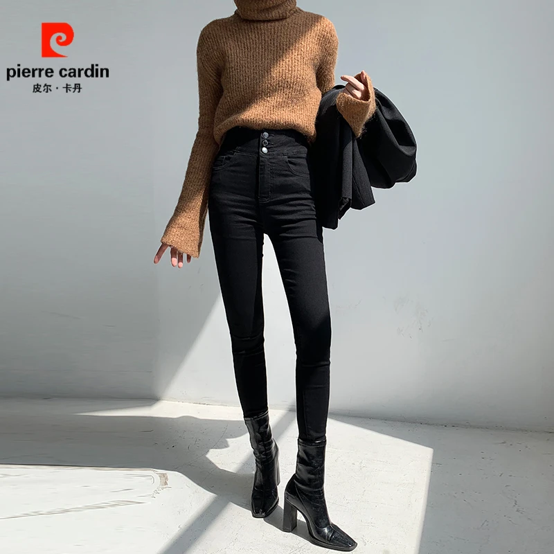 皮尔卡丹高端加绒冬季牛仔裤紧身排扣高腰修身弹力小脚铅笔裤子