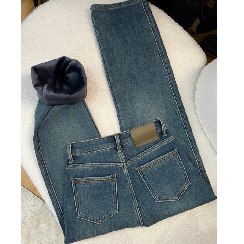 雅丹风秋冬加绒款高腰窄版阔腿裤2024年新款蓝色水洗软牛仔女弹力