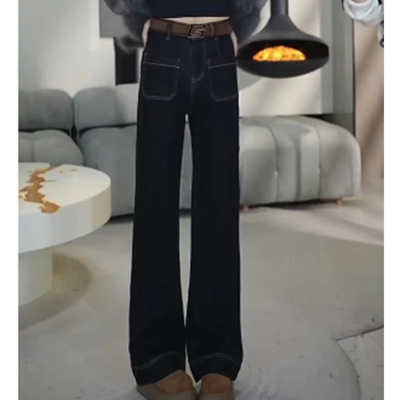 【丹宁蓝直筒微喇裤】加绒保暖冬季防褪色牛仔裤女