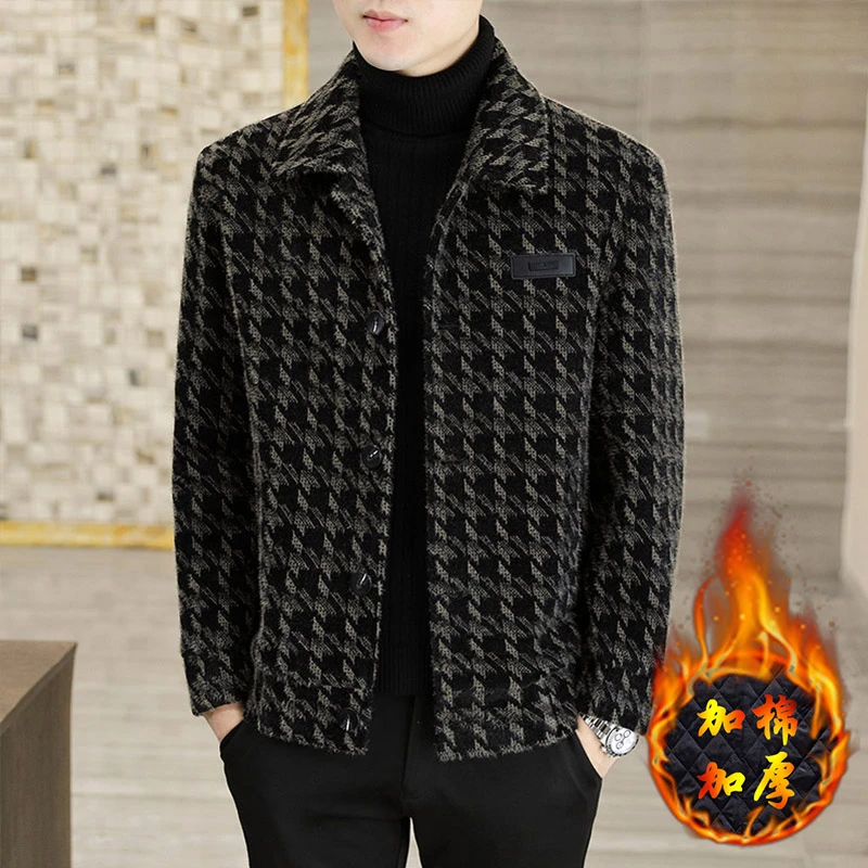 秋冬季格子毛呢外套男士翻领加厚夹克韩版修身百搭休闲呢子大衣潮