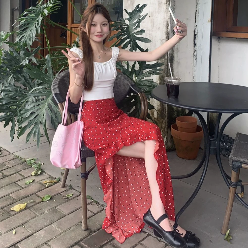 碎花波点不规则复古红色半身裙女夏季新款气质开叉中长款半裙