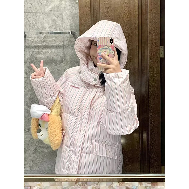 粉色条纹防寒保暖棉服外套女冬季新款学院风加厚连帽面包服棉袄潮