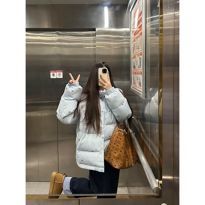 韩系条纹蝴蝶结立领棉衣棉服女冬季新款宽松百搭加厚保暖棉袄外套