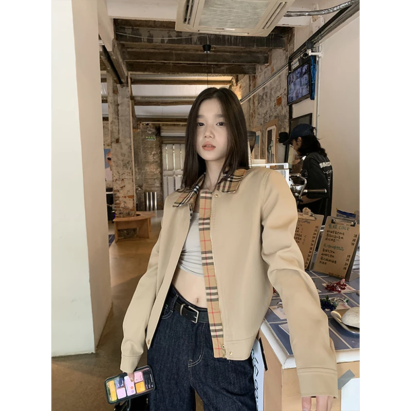 复古卡其色拼接格子短外套女春秋季新款设计感修身百搭夹克上衣潮