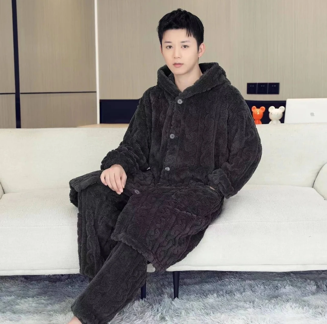 2023男士大码加绒加厚宽松休闲连帽长款睡衣家居服套装