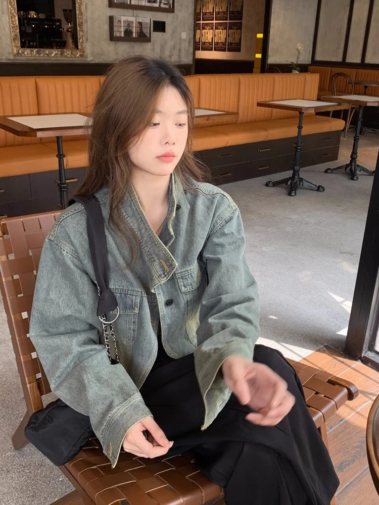美式复古短款牛仔外套女春秋2023新爆款高级设计感小个子夹克上衣