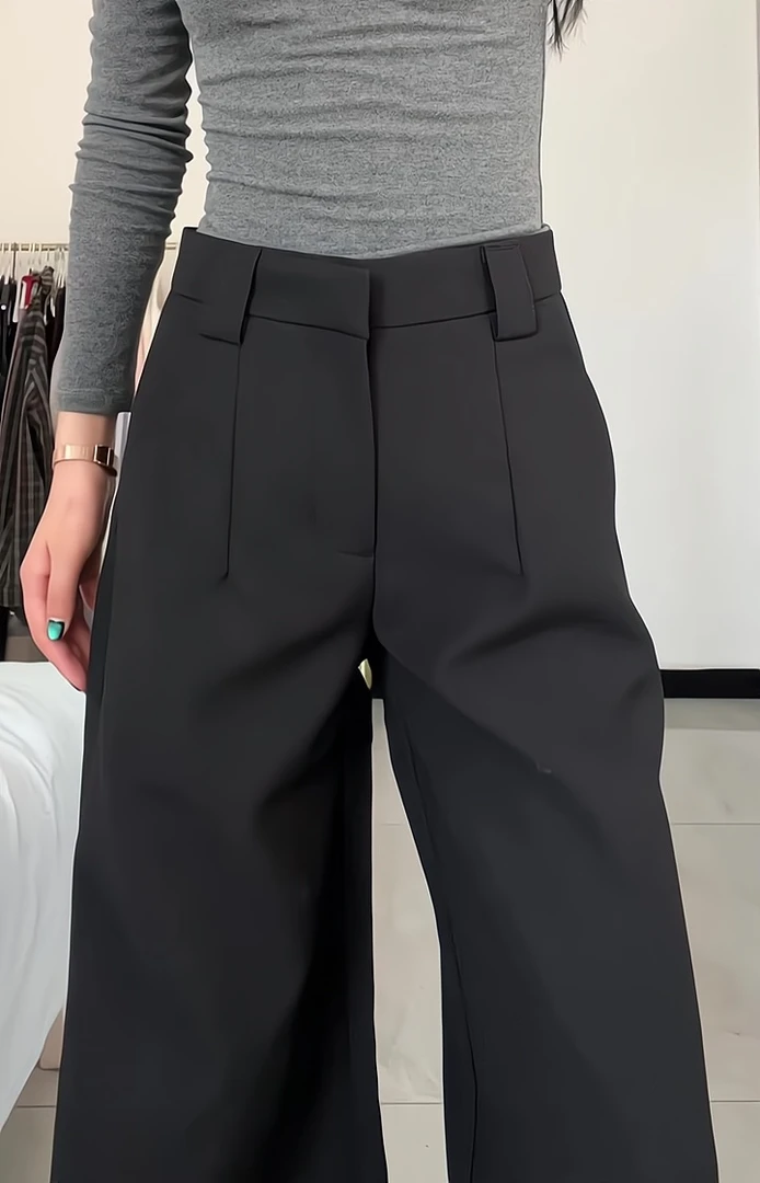 高腰垂感黑色直筒西装裤女夏季薄款复古宽松显瘦休闲拖地阔腿裤子
