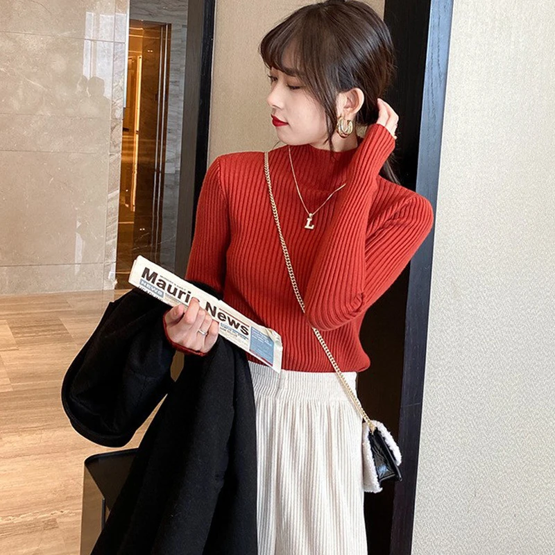 长袖针织秋冬季2023年新款内搭修身显瘦毛衣女中领套头上衣打底衫