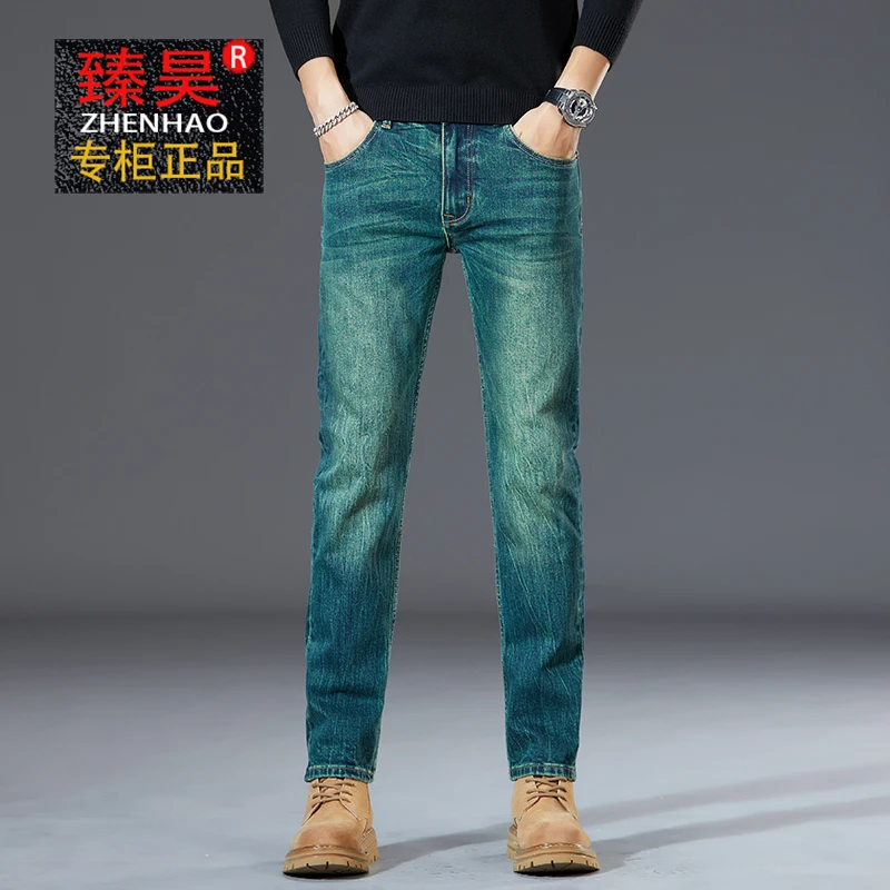 臻昊 牛仔裤男款2024春夏修身直筒轻奢新品古铜绿百搭男装休闲裤