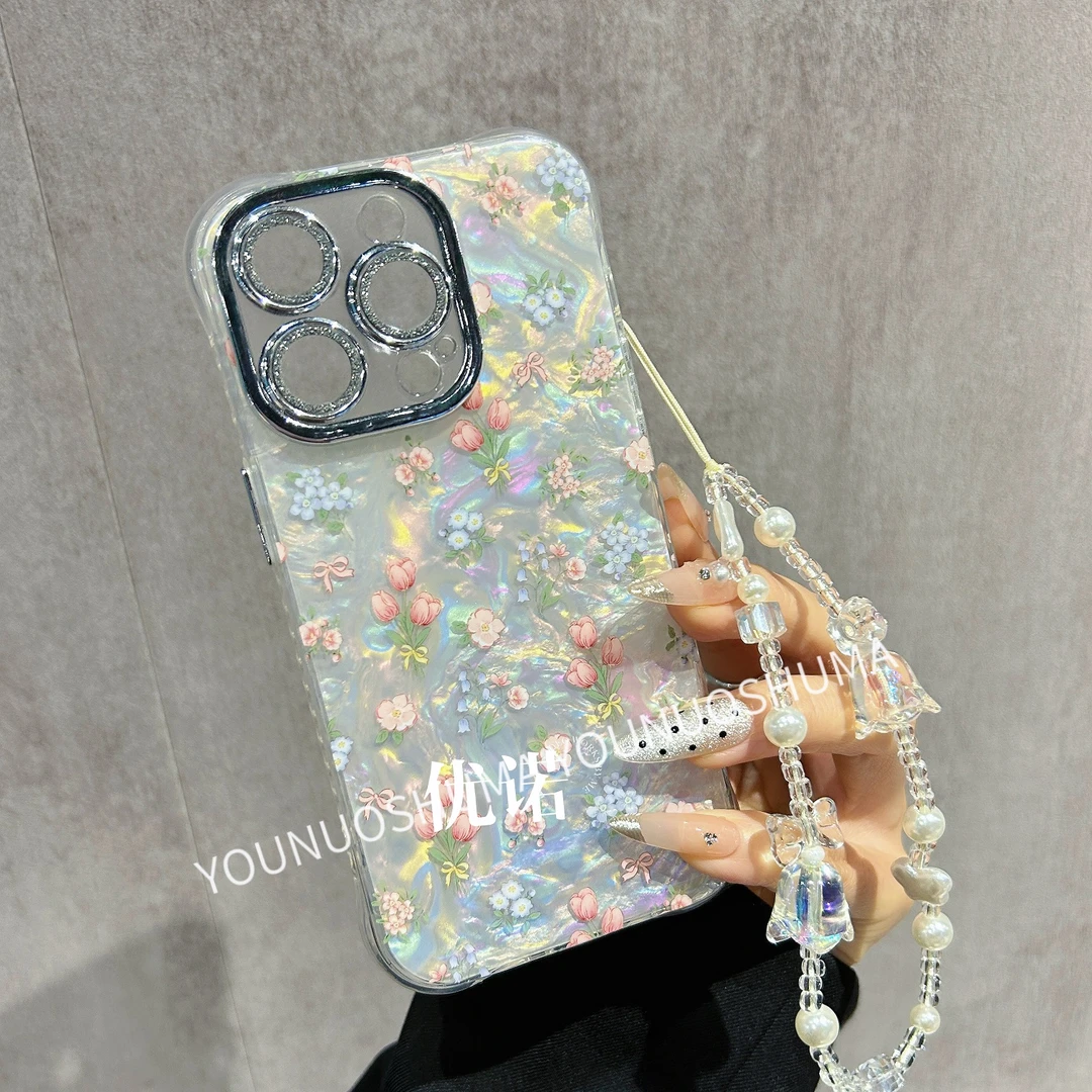 适用苹果15四角防摔iPhone14Promax贝壳纹郁金香花朵女新款手机壳