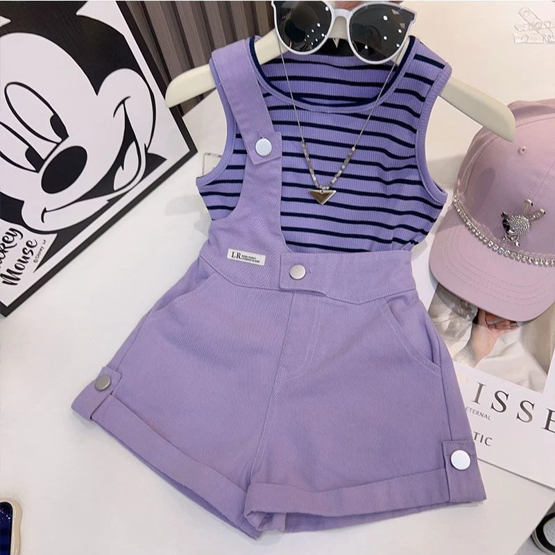 女童背带裤套装夏季条纹短袖2024新款洋气吊带时髦女孩短裤两件套