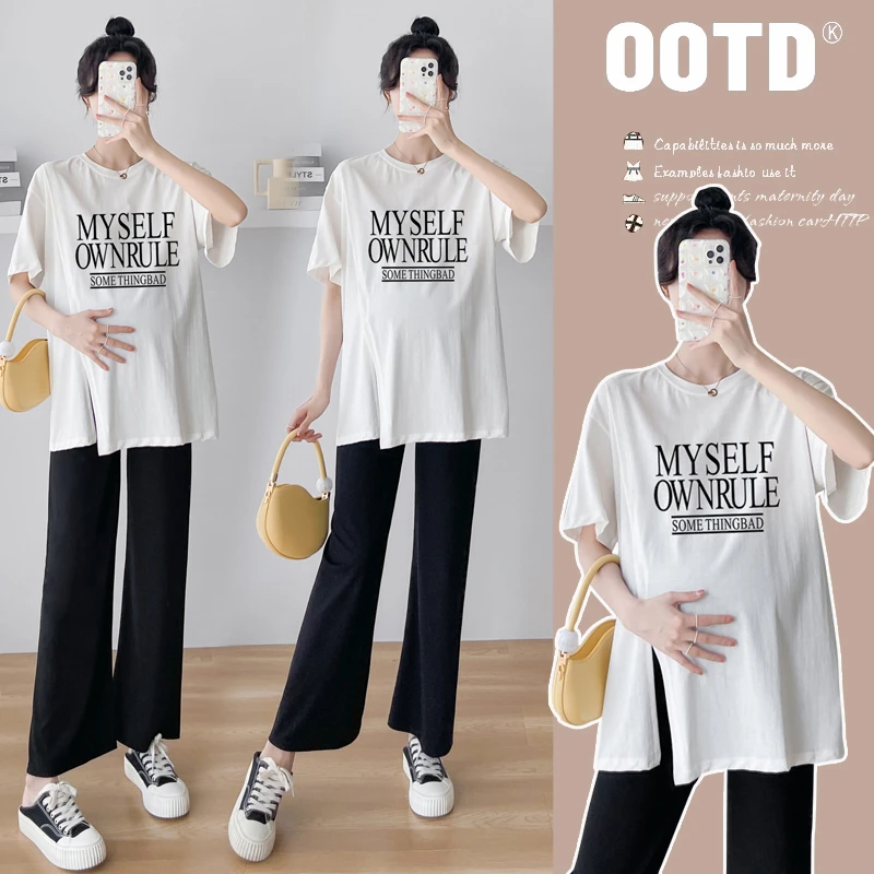 孕妇装夏季新款韩版时尚百搭设计感T恤时尚宽松显瘦开叉短袖上衣