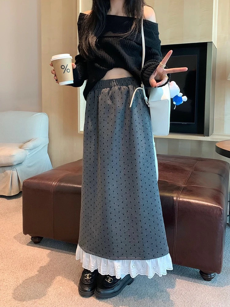 韩版风设计感蕾丝花边波点半身裙2025春款新款A字高腰长裙女ins