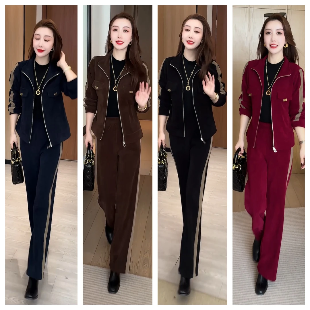 加绒加厚套装女2024秋冬新款加绒加厚两件套休闲套装外套女