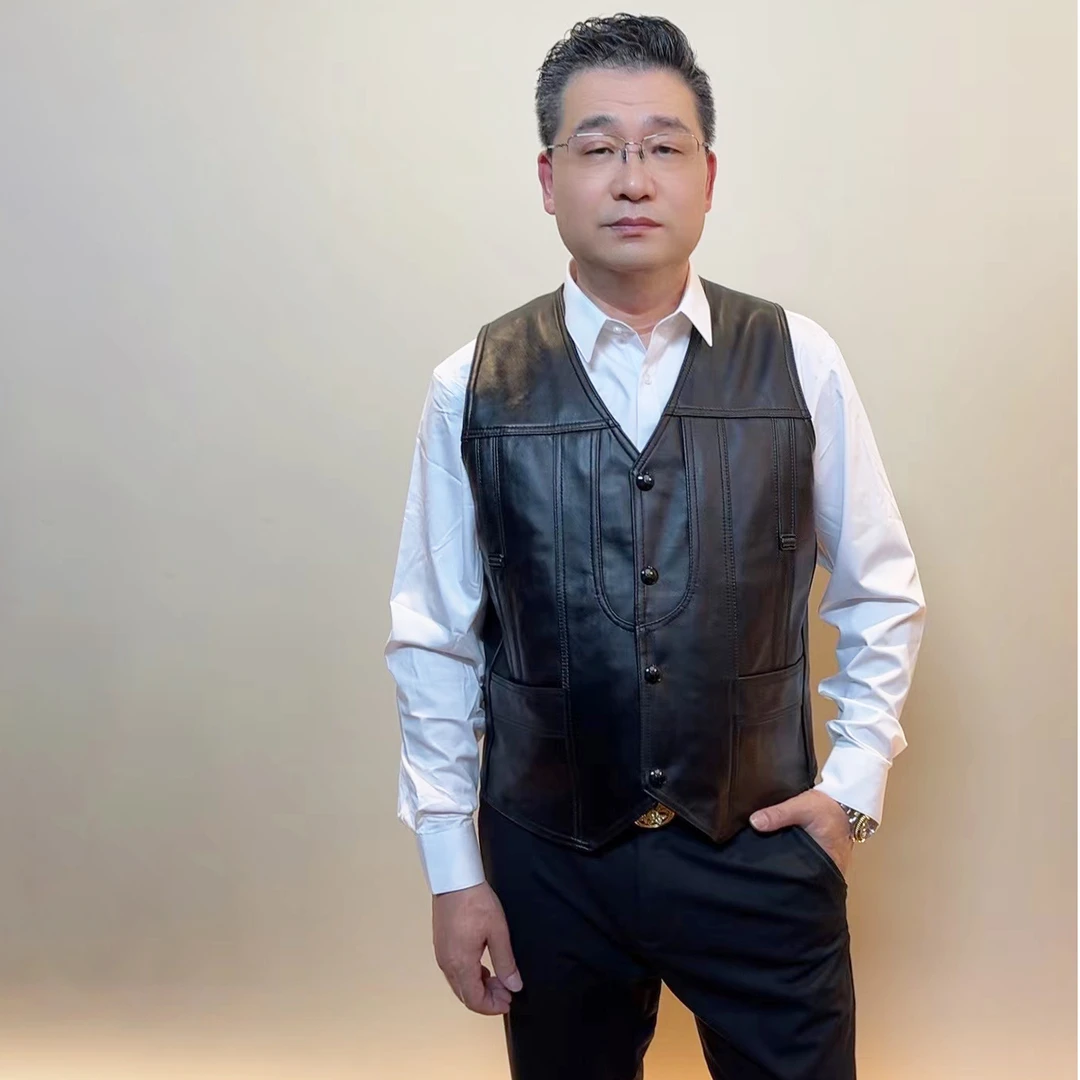 100%绵羊皮男款头层真皮皮衣男士马甲真皮纯皮加厚保暖中年爸爸款