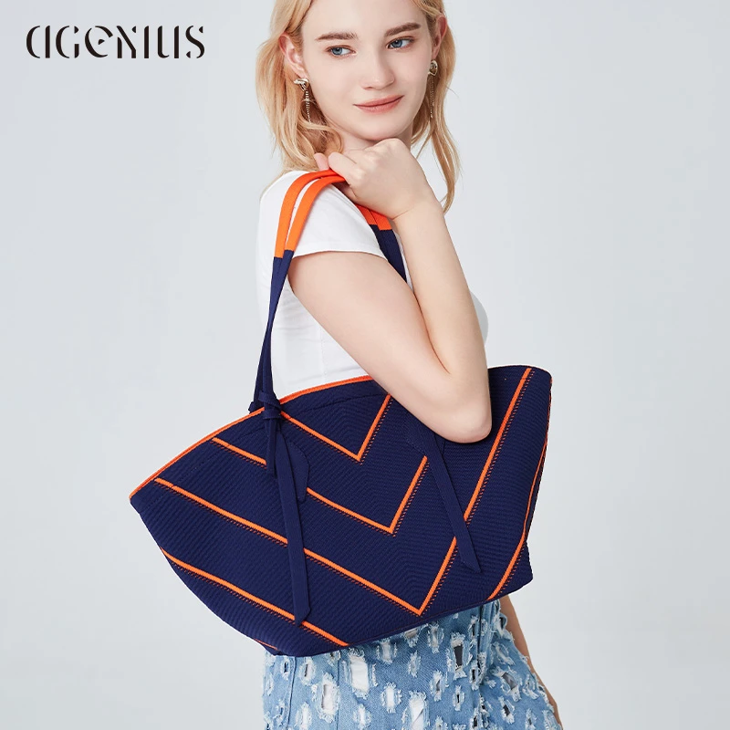 DGENIUS包包女2024新款大容量通勤手提托特包飞织条纹腋下单肩包