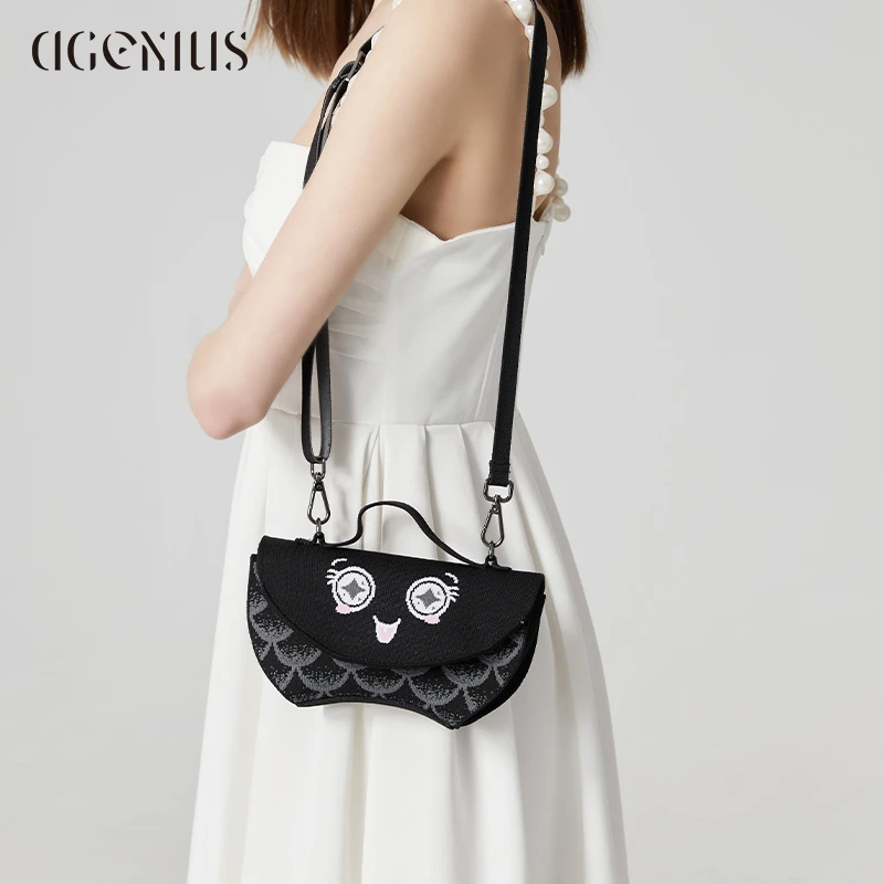 DGENIUS包包女2024新款高级感通勤单肩小包黑色编织包小众斜挎包