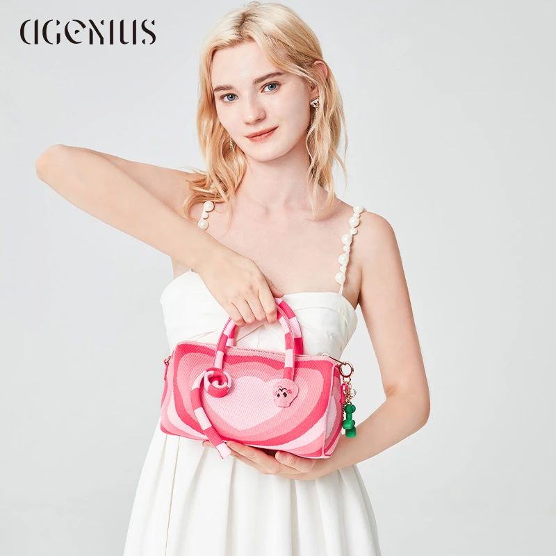DGENIUS原创包包女秋冬新款蛇年手提包粉色编织小方包单肩斜挎包