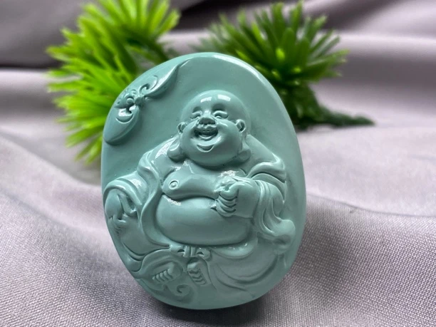 天然原矿绿松石精品雕刻弥勒佛吊坠