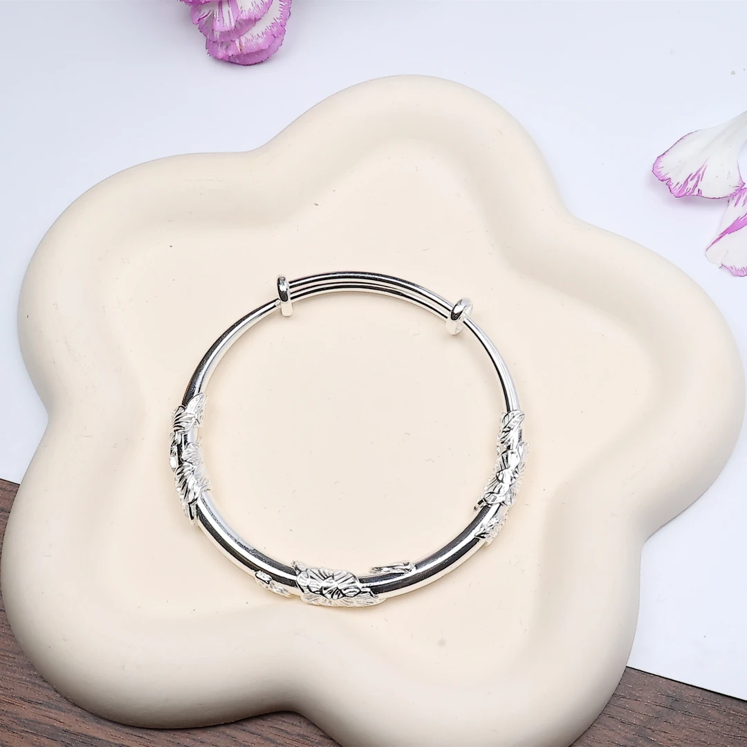 足银手镯 06繁花似锦手工时尚百搭复古民族风实心精美素款手镯